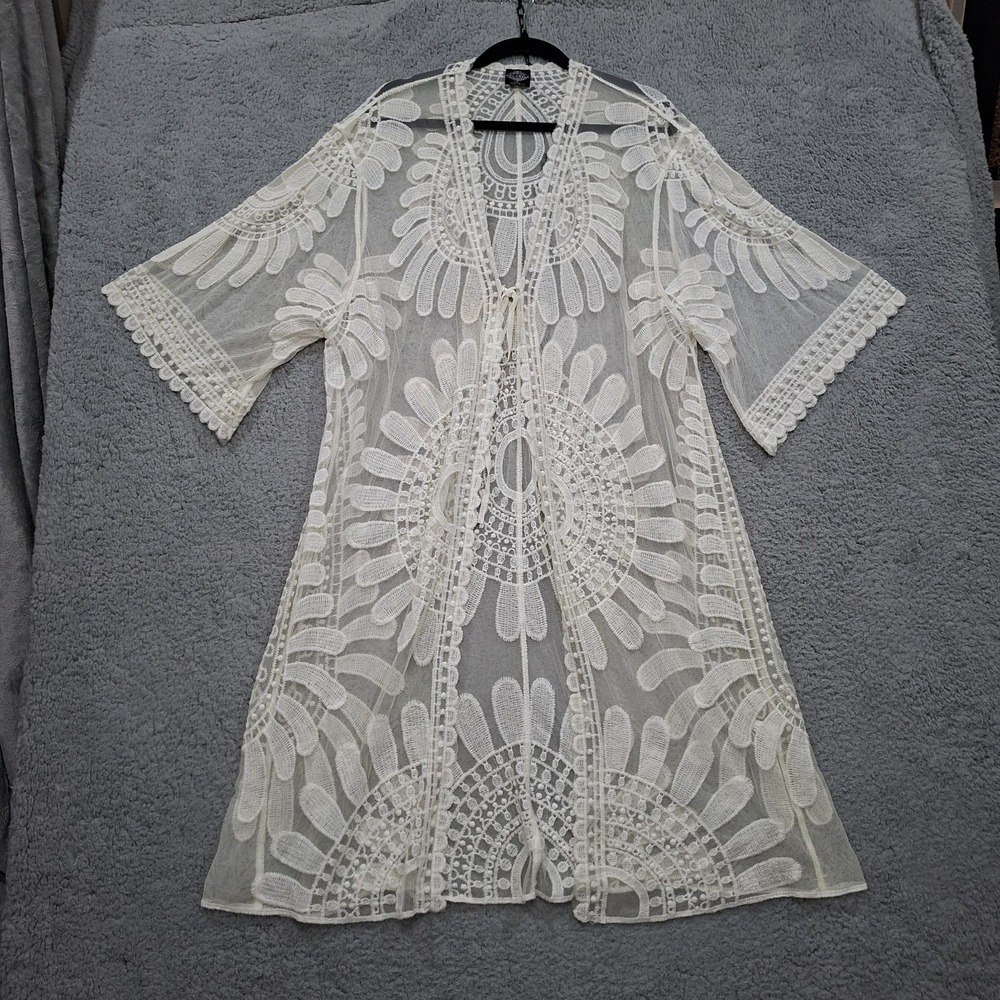 Crochet Lace cardigan‎ Womens XL Tie Front Festival Boho Country Western Beach